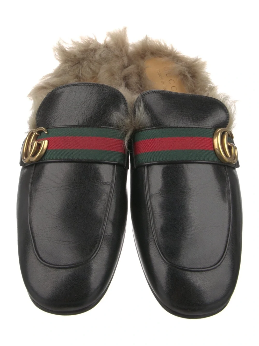 Gucci Black Leather Fur-Lined Mule with Green-Red Web & Gold Hardware
